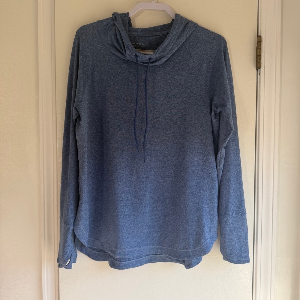 Athleta Womens Blue Heathered Cowl Neck Hoodie Thumbhole Activewear Top Large